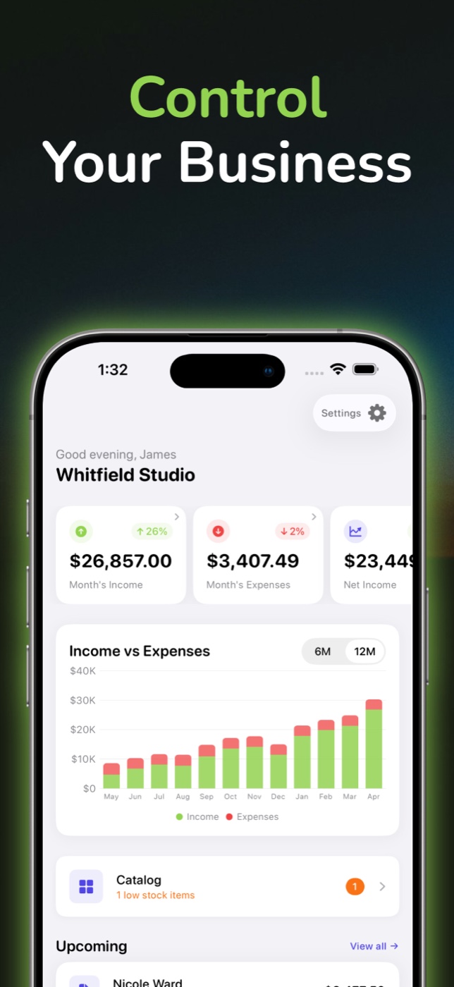 ZenTrack showing this month's dashboard and the financial calendar