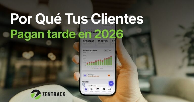 Errores que hacen que tus clientes paguen tarde: dueño de negocio revisando facturas vencidas en su iPhone con la app ZenTrack abierta, logo ZenTrack en pie de imagen